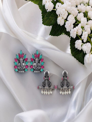 Sangria Oxidised Silver Combo Ganesh Peacock Stud Earrings Alloy Earring Set