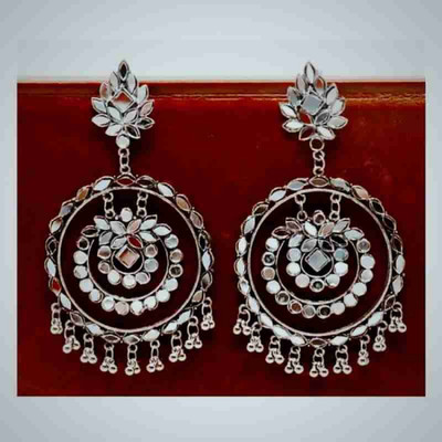 HELLAFASHION HELLAFAISHION HUGE MIRROR CHANDBALIS Beads German Silver Stud Earring