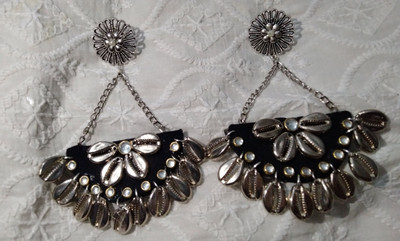 Hastakshar Silver kauri shells Fabric Drops & Danglers, Chandbali Earring, Jhumki Earring