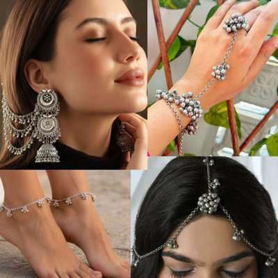 ISLANA Combo of 4 Mang tikka, Cuff Bracelet Bangles for Women and Girls,Payal Anklet Alloy Jhumki Earring