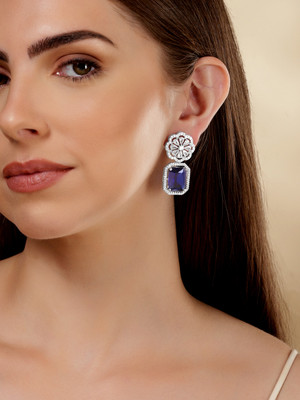RUBANS Rubans Rhodium-Plated CZ Studded Geometric Drop Earrings Brass Drops & Danglers