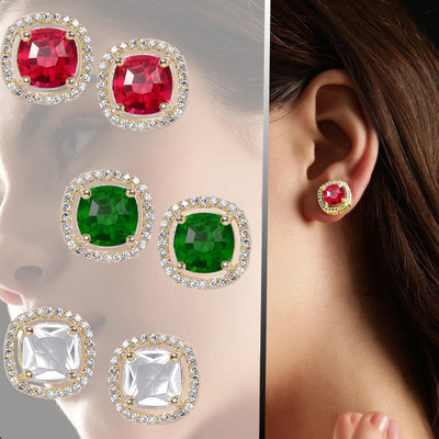 THANU'S CRAFT Elegant Gold Plated Multicolor Cubic Zirconia Square Stud Piercing Earrings Crystal Metal Stud Earring