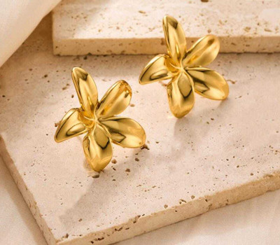 Defashions Chunky Anti Tarnish Gold Plated Plumeria Flower Stud Earrings For Women Stainless Steel Stud Earring