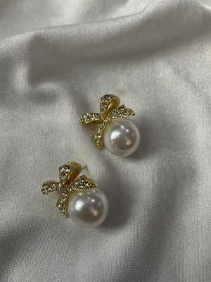 MAHADEV CREATION Ball Ribbon White Earrings Crystal Alloy Stud Earring