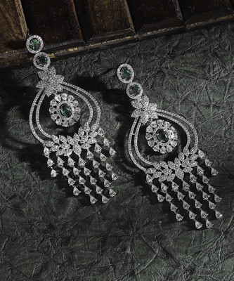 ZENEME Green Quirky Drop Earrings Cubic Zirconia Brass Drops & Danglers