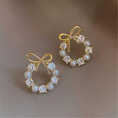 ADORNITY Golden Korean Earrings Crystal Steel Stud Earring