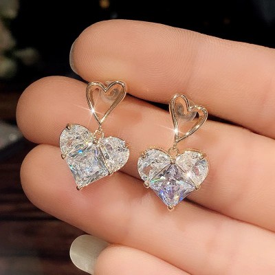 Jewels Galaxy Marvelous AD Dual Hearts Korean Drop Earrings Cubic Zirconia Alloy Stud Earring