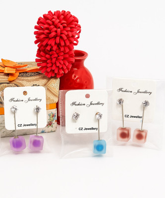 Weartech CZ stone cube drop dangler earrings Cubic Zirconia Steel Stud Earring, Drops & Danglers