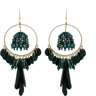 blush bella dark green long korean crystal beads handmade light weight floral jewellery Crystal Metal Chandbali Earring