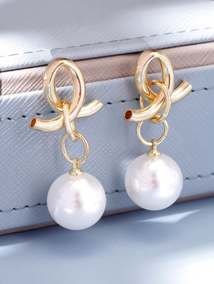RUBANS Rubans 18K Gold-Plated Knotted Loop Earrings with Elegant White Pearl Brass Drops & Danglers