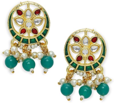 Oomph Green Meenakari Kundan Floral Design Ethnic Stud Earrings for Women & Girls Beads, Crystal Alloy Stud Earring