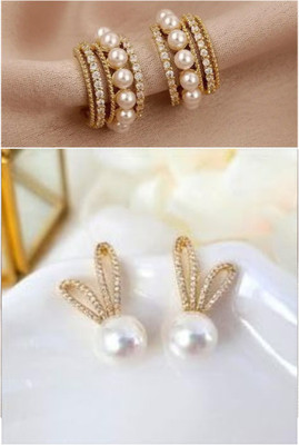 GRAVITEEE Combo of 2 Korean Earrings Stainless Steel Stainless Steel Earring Set, Cuff Earring, Rhinestone Studs, Stud Earring, Huggie Earring, Hoop Earring