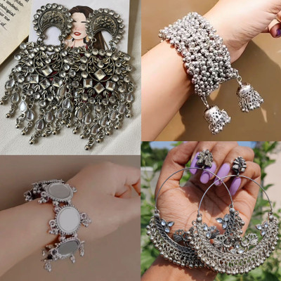 ISLANA Oxidised Openable Bracelet and Bangles and Earrings Combo for Women & Girls Alloy Chandbali Earring