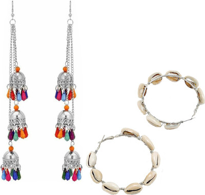 house of common Pack of 2 Stylish Sea Shell Hoop and Silver Three Layere Jhumki Alloy Hoop Earring