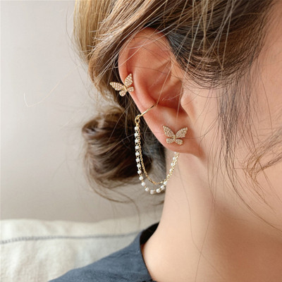 AVR JEWELS butterfly pearl ear bone clip earrings all-in-one super fairy tassel earrings Stainless Steel Cuff Earring