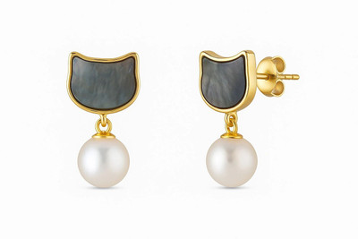 LP JEWELS LP Jewels Gold-Plated Cat-Shaped Black Real Pearl Earrings Alloy Drops & Danglers