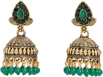 BUMBERELL Stylish Gold and Green Stone Traditional Ethnic Jhumka Earrings Ruby Alloy Jhumki Earring