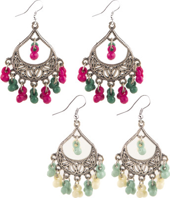 Jamleen Gallery Vintage Boho Earrings Combo – Pink-Green & Mint-Ivory Sets Alloy Jhumki Earring