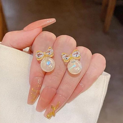 AuvriaZ Mermaid Pearl Bow Earrings stylish and fancy korean earrings for women and girls Pearl, Zircon Alloy Stud Earring