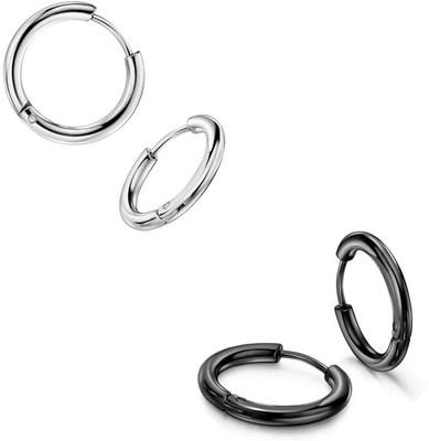 Earchic FK-2 Pair Black Silver studs Earring Bali Hoop ComboEarring-06 Metal Stud Earring, Hoop Earring