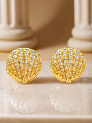 RUBANS 18K Gold-Plated Shell Motif Clip-On Earring with Cubic Zirconia Detailing Brass Hoop Earring