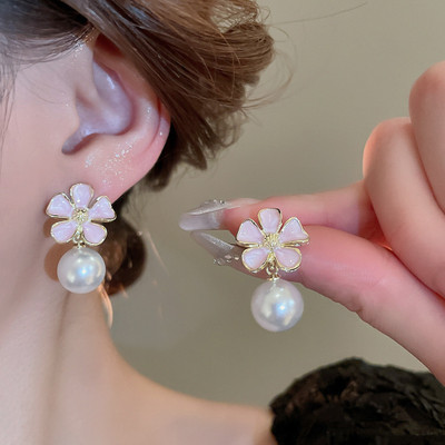 LBTK Elegant Pink Flower Pearl Drop Earrings Cubic Zirconia Alloy Stud Earring, Drops & Danglers