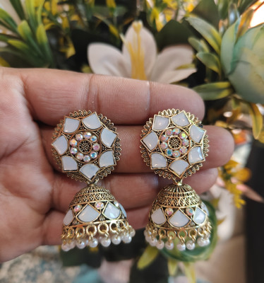 SR Sarthak Royal Designer Traditional Golden Kundan & Pearl Gold Plated Jhumka Drop Earrings Pearl Alloy Jhumki Earring, Drops & Danglers, Stud Earring