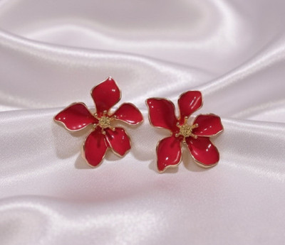 Defashions Red Anti Tarnish Enamel Floral Stud Earrings For Women Brass, Stainless Steel Stud Earring