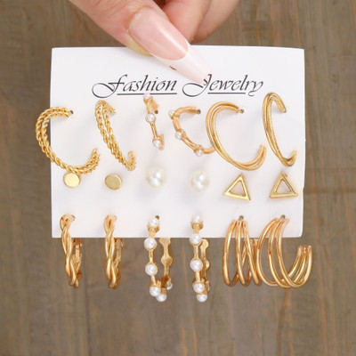 TVI Combo of 9 Pair Golden Triangle Pearl Stud / Twisted Hoop Earring For Women/Girl Pearl Alloy Hoop Earring