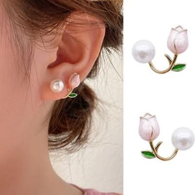 Suffix Retail French Tulip Pearl Stud Earrings For Women Fashion Elegant Flower Earring Pearl Alloy Stud Earring