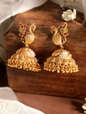 RUBANS Rubans Gold Plated Faux Ruby Peacock Shaped Jhumkas Brass Jhumki Earring
