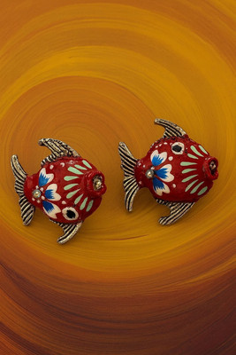 studio devishq Red Enamel Fish Design Stud Earrings with Silver Toned Finish for Women/Girls Alloy Stud Earring