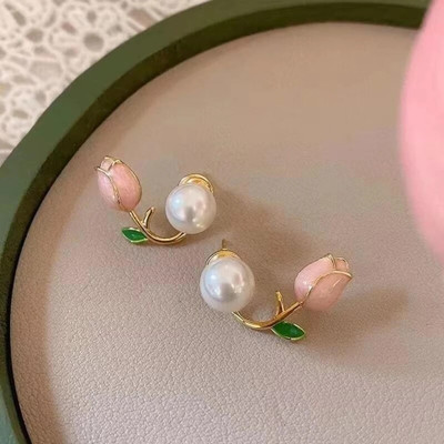 Tiso Korean Earrings Tulip Cuff Earrings with Pearl Earrings for Women and Girls Crystal, Cubic Zirconia, Pearl Alloy, Brass, Stone Drops & Danglers, Earring Set, Hoop Earring, Rhinestone Studs, Stud Earring