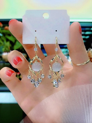 Miraclewood Korean Glorious Gold Plated style Diomande and white Opal for Women Cubic Zirconia, Diamond, Opal Alloy Drops & Danglers, Hoop Earring, Huggie Earring, Jhumki Earring, Earring Set