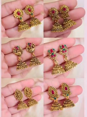 Janki Creation - Set of 6 GOLD Meenakari Earrings for Women / Girls Zircon, Ruby Alloy Chandbali Earring, Drops & Danglers, Jhumki Earring, Stud Earring
