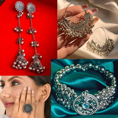 Ashir combo of Oxidised jhumki and opaneble brecelet with ring for women and girls Alloy Chandbali Earring