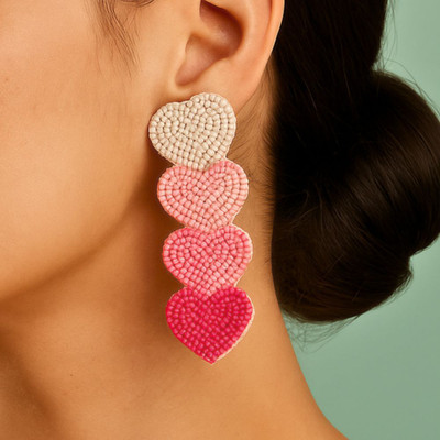 UnfoldSelf Pink Beaded Heart Earrings Alloy Drops & Danglers