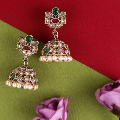 Saloni Fashion Jewellery Flower Design Multi Kundan Stone Antique Gold Plated Jhumki Earring For Women Cubic Zirconia Alloy Jhumki Earring