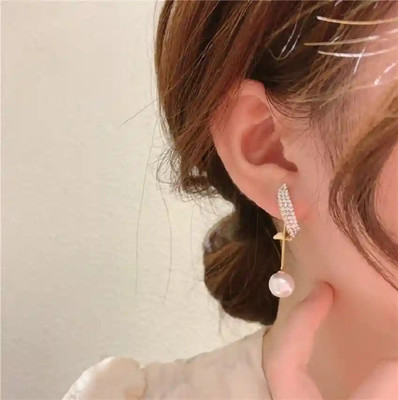 Daliva Korean Studded Wing Pearl Tassel Drop Earrings For Women/Girls Cubic Zirconia Alloy Drops & Danglers