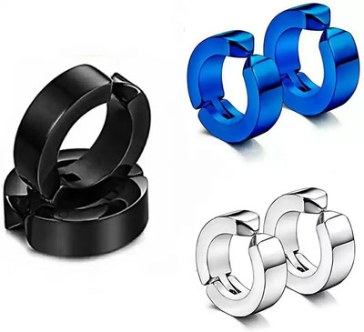 Heer Collection Combo Non-Pierced Earrings 3 Color Black/Blue/Silver (3-Pair) Stainless Steel Stud Earring, Clip-on Earring, Earring Set, Magnetic Earring