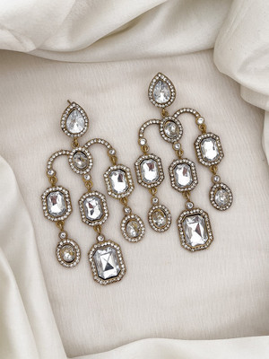 Zoey Mehandi Gold Plated Crystal White Cubic Zirconia Studded Chandelier Earrings Brass Chandbali Earring