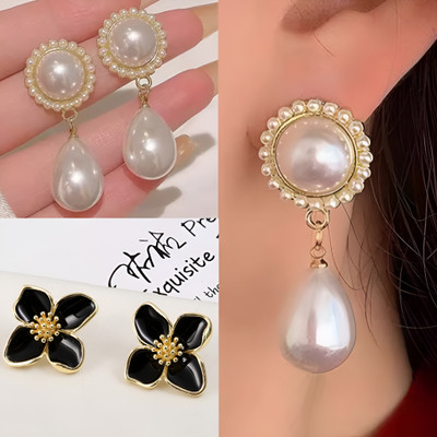 BLINGEE Pearl Earrings Korean Earrings Combo For Women Girls Flower Stylish Trending Pearl Alloy Earring Set, Drops & Danglers, Stud Earring