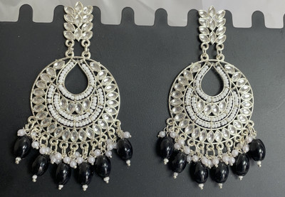 TESSARA Kundan & Pearl Long Drop Dangle Earrings with Buti & Jhumar Design | Black Alloy Drops & Danglers