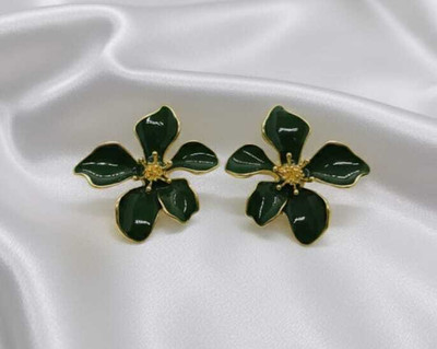 Defashions Green Enamel Floral Stud Earrings For Women Cubic Zirconia Brass Stud Earring