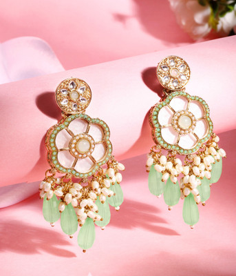 ASMITTA Jewellery Floral Shape Mint Green Pearls and Crystal Stone Studded Drop & Dangle Earrings Pearl Alloy Drops & Danglers