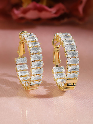 RUBANS Rubans 22K Gold-Plated White Baguette Cubic Zirconia Studded Hoop Earrings Brass Hoop Earring