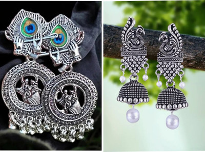 YAVI Oxidised Radha Krishna Flute Jimmiki Kammal Earrings for Women Beads Alloy Jhumki Earring