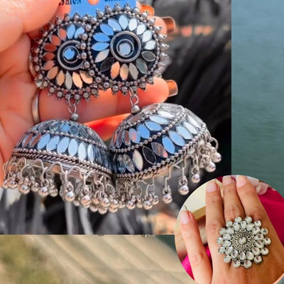 Ashir Oxidised mirror lakh silver jhumki Earrings with ring for women and girls Alloy Jhumki Earring