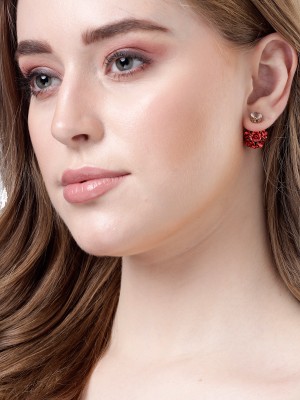 Scintillare by Sukkhi Pretty Rose Gold Plated & Crystals Stones Studded Red Rose Floral Stud Earring Alloy Stud Earring