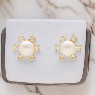 Sri Jagdamba Pearls Embrace Pearl Earrings Cubic Zirconia Mother of Pearl Stud Earring